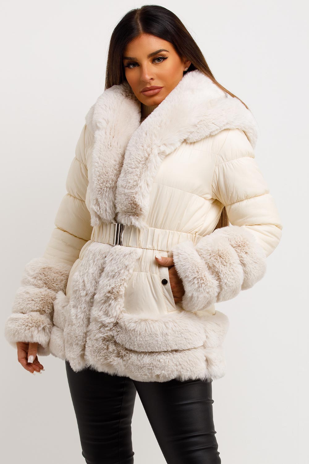 beige fur trim hooded puffer jacket with belt