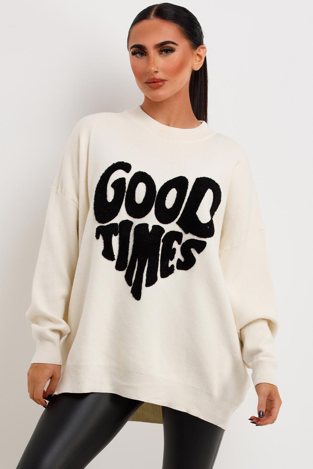 womens knitted oversized jumper with good times towelling