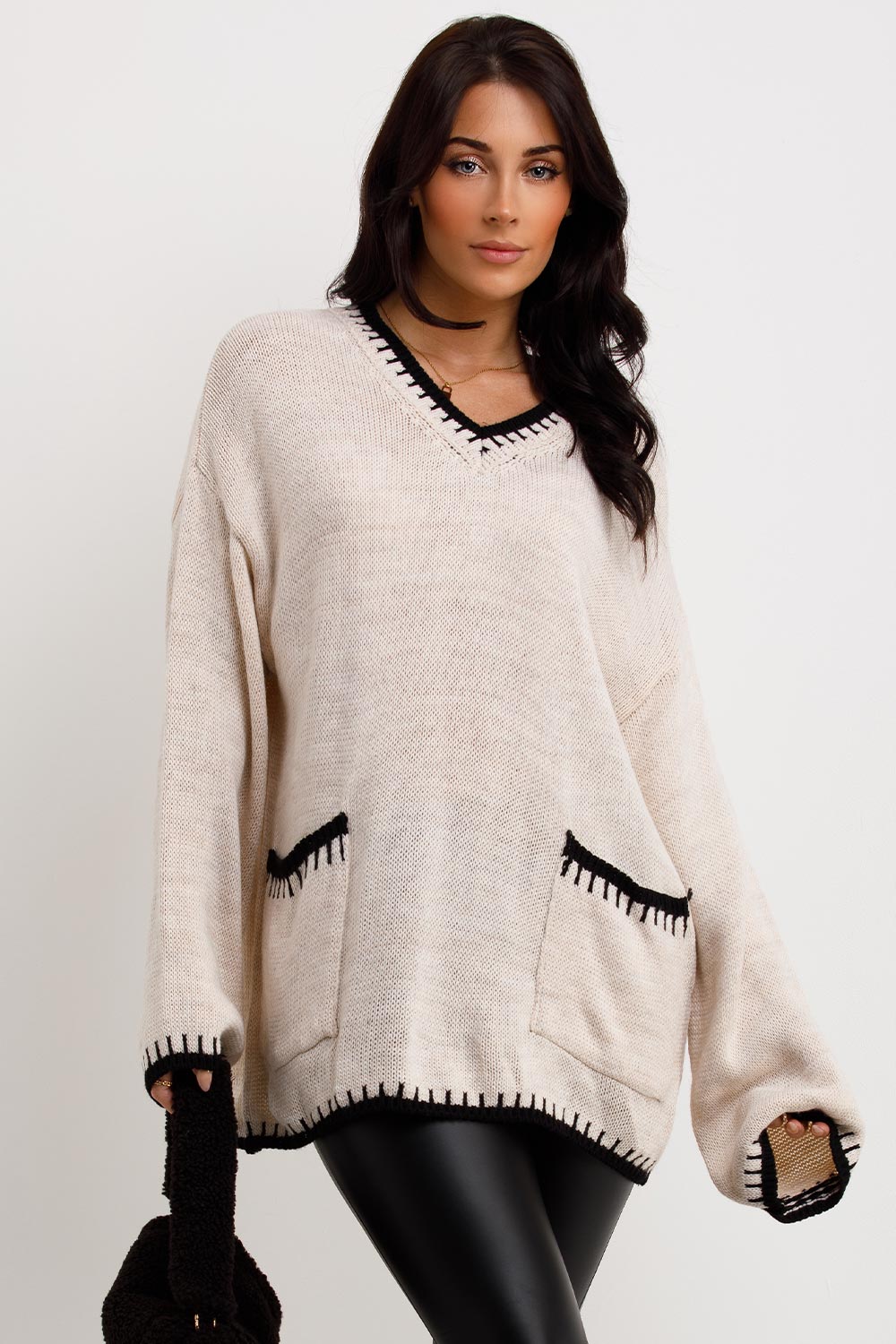 womens v neck oversized knitted jumper contrast stitches
