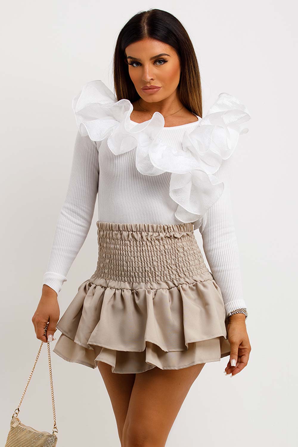 womens rib long sleeve going out ruffle frilly top