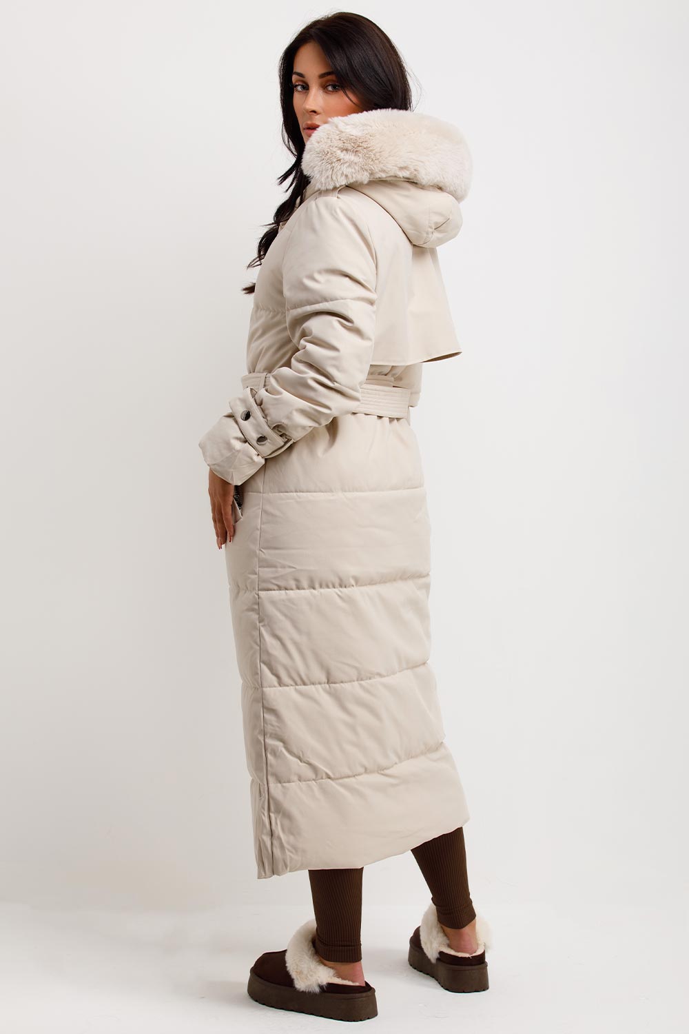 womens long puffer trench coat with faux fur hood