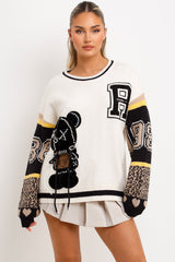 teddy bear knitted jumper with contrast leopard print and numbers detail womens