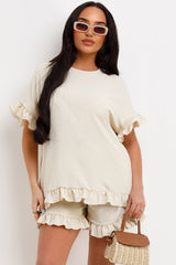 short sleeve frilly ruffle blouse and shorts two piece set womens summer holiday outfit