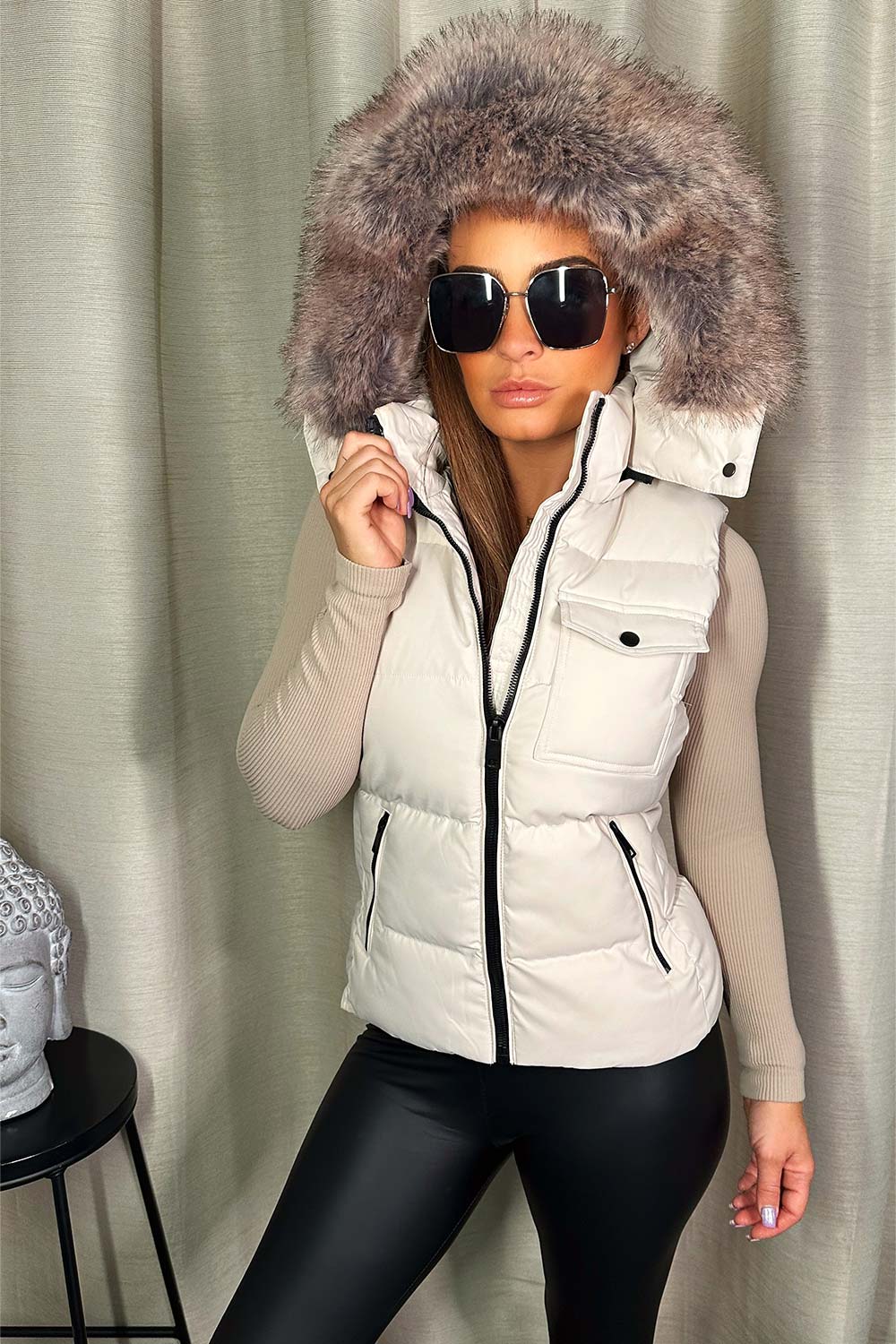 womens padded puffer gilet with faux fur hood