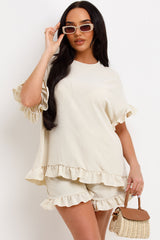 womens short sleeve frill ruffle blouse and shorts two piece set