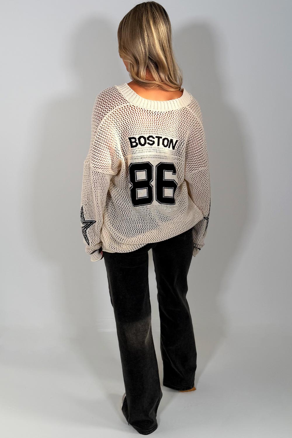 long sleeve v neck fishnet knitted jumper with boston slogan for womens casual outfit 