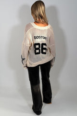 long sleeve v neck fishnet knitted jumper with boston slogan for womens casual outfit 