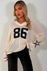 long sleeve knitted jumper with boston slogan cream