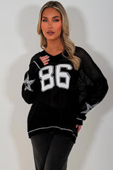 womens long sleeve knitted jumper with boston slogan 