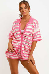 knitted crochet cardigan top and shorts two piece co ord set pink styledup