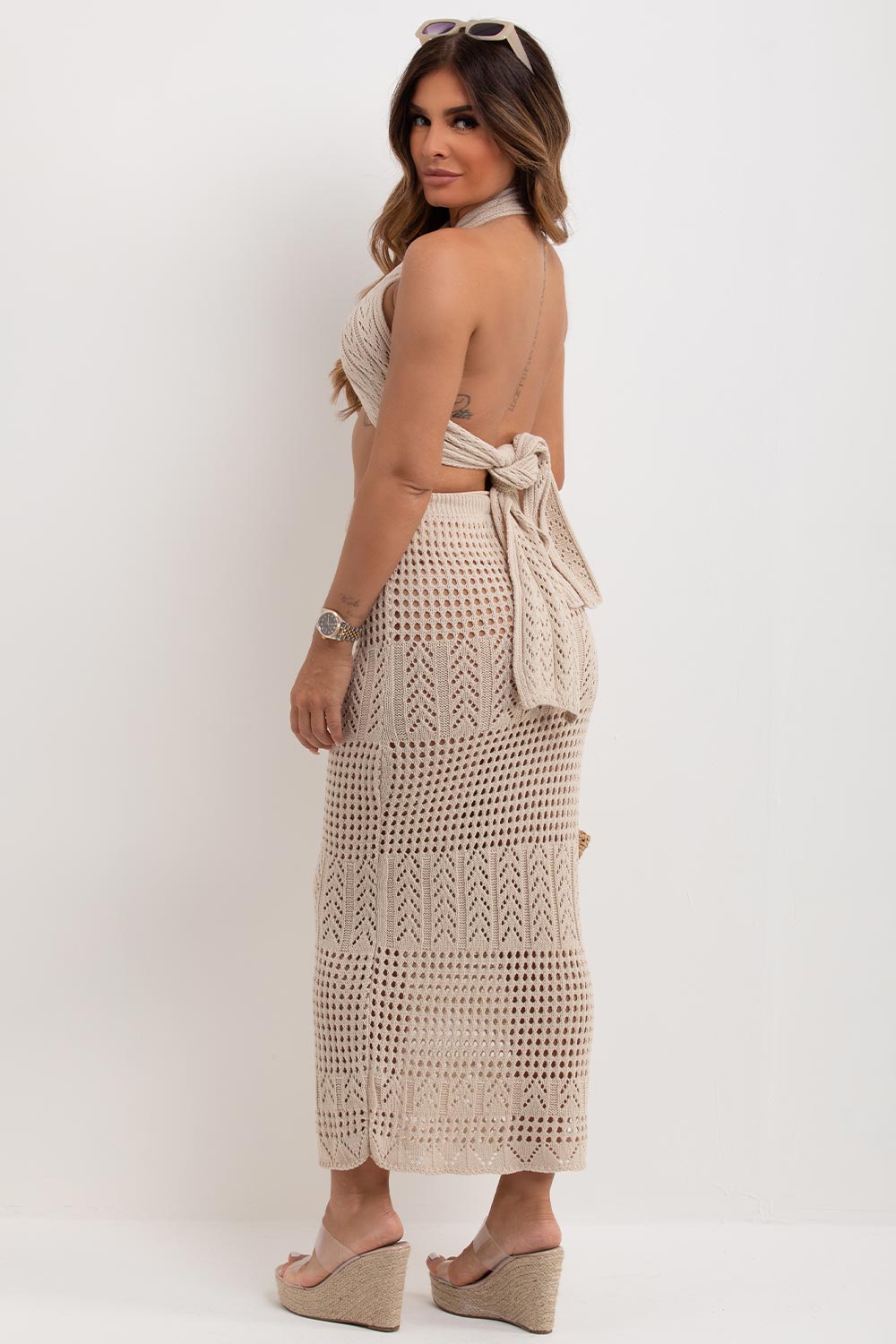 knitted crochet maxi skirt and multiway top two piece co ord set