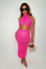 crochet knitted multiway top and maxi skirt two piece co ord