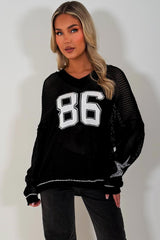fishnet long sleeve knitted jumper with boston slogan black styledup 