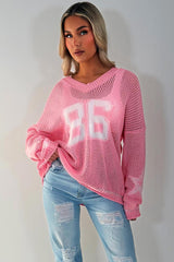 fishnet long sleeve knitted jumper with boston slogan pink styledup 