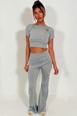 womens flared trouser and crop top with cut out heart detail two piece co ord set casual everyday outfit styledup