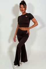 womens flared trouser and crop top with cut out heart detail two piece co ord set casual everyday outfit styledup