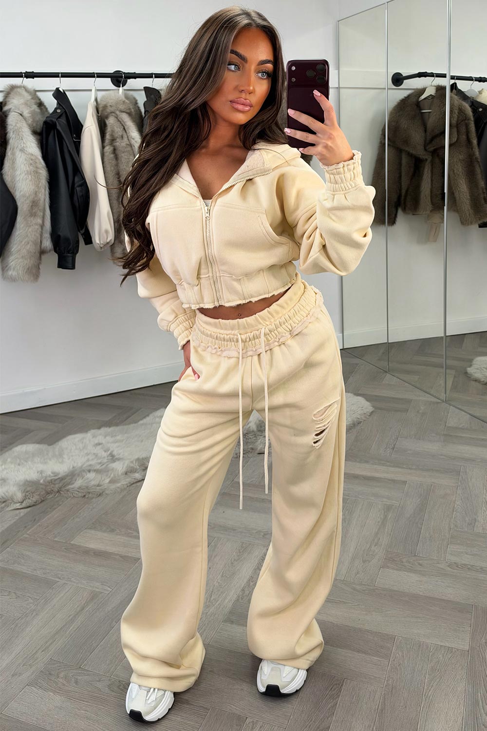womens crop hoodie and joggers two piece loungewear co ord set styledup fashion airport outfit styledup white fox uk