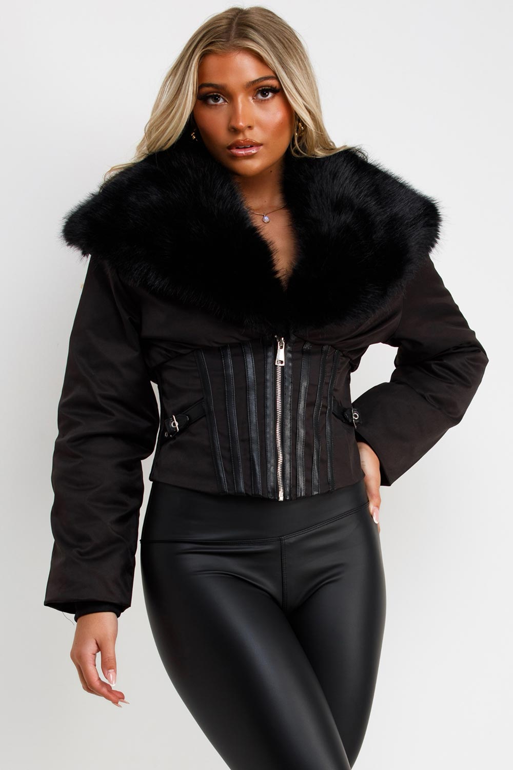 long sleeve crop winter jacket with fur collar styledup uk