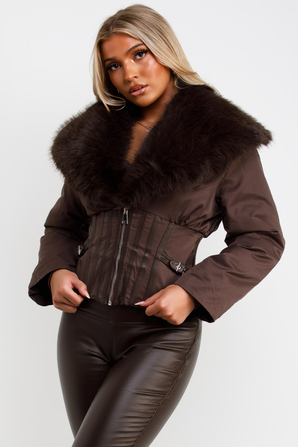 long sleeve crop winter jacket with fur collar styledup uk