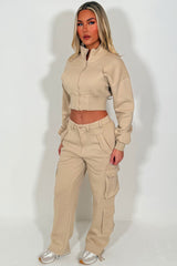 cargo joggers and crop sweatshirt loungewear co ord set for womens casual outfit for winter spring 