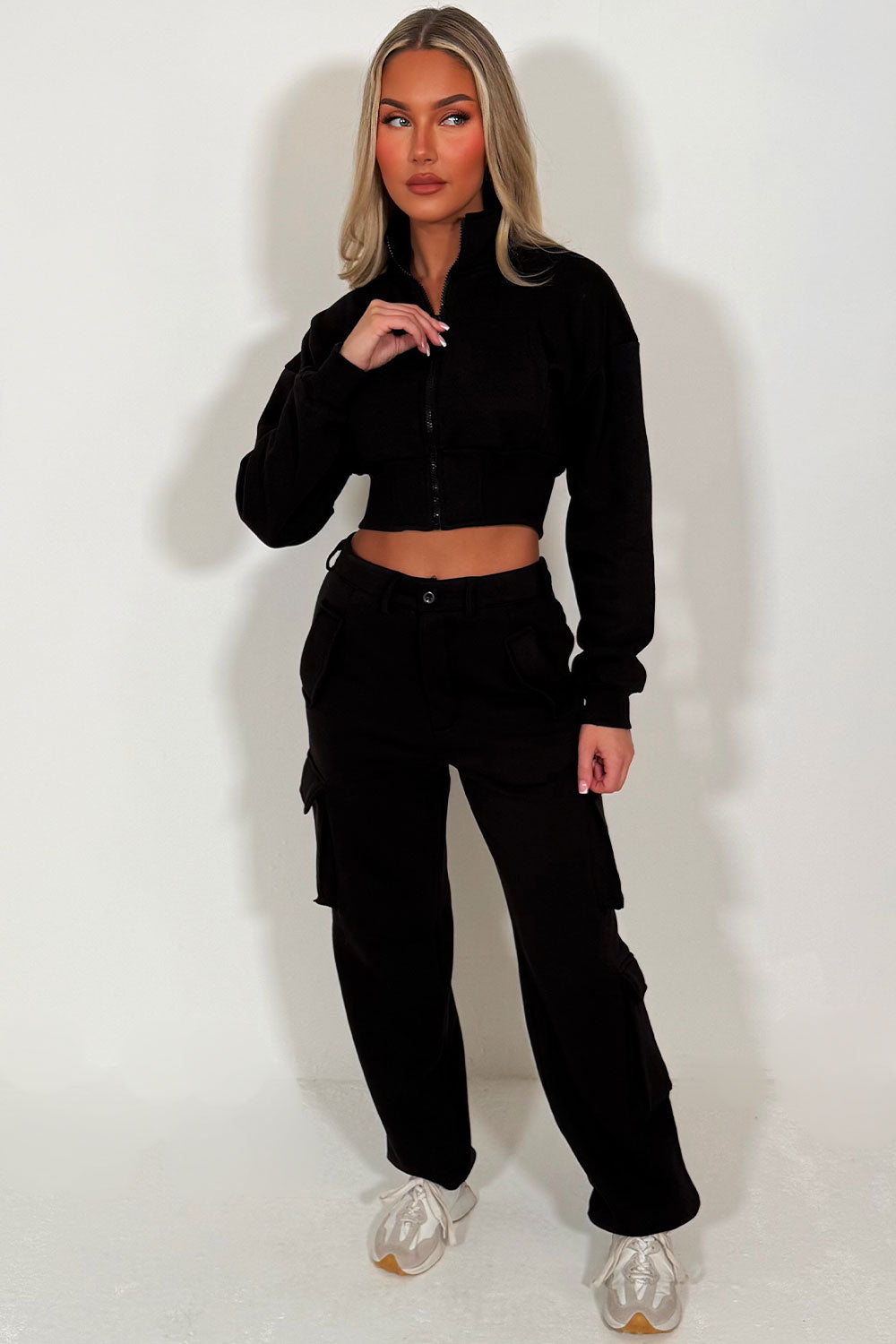 cargo joggers and crop sweatshirt loungewear co ord set for womens casual outfit for winter spring 
