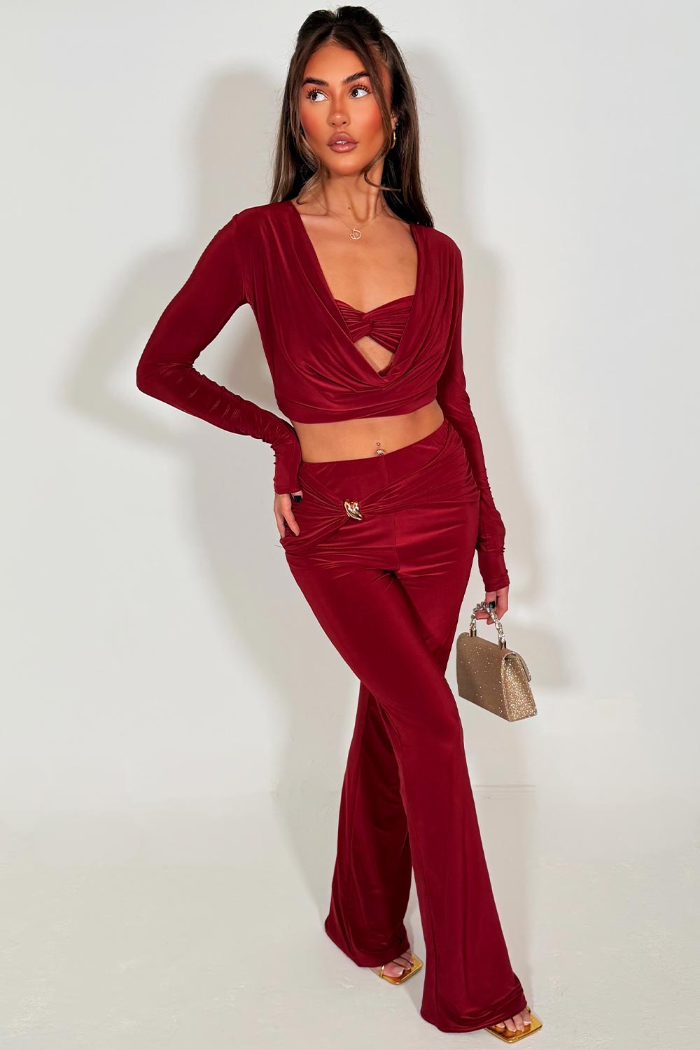 flare trouser and long sleeve crop top co ord set 