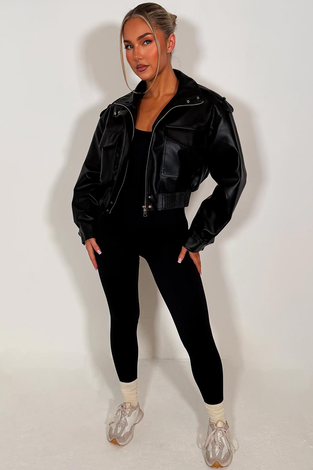 zara womens short jacket with high collar black faux leather 