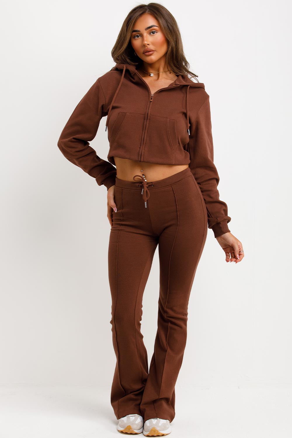 zara womens bell bottom trousers and crop sweatshirt with hood two piece loungewear set brown sale