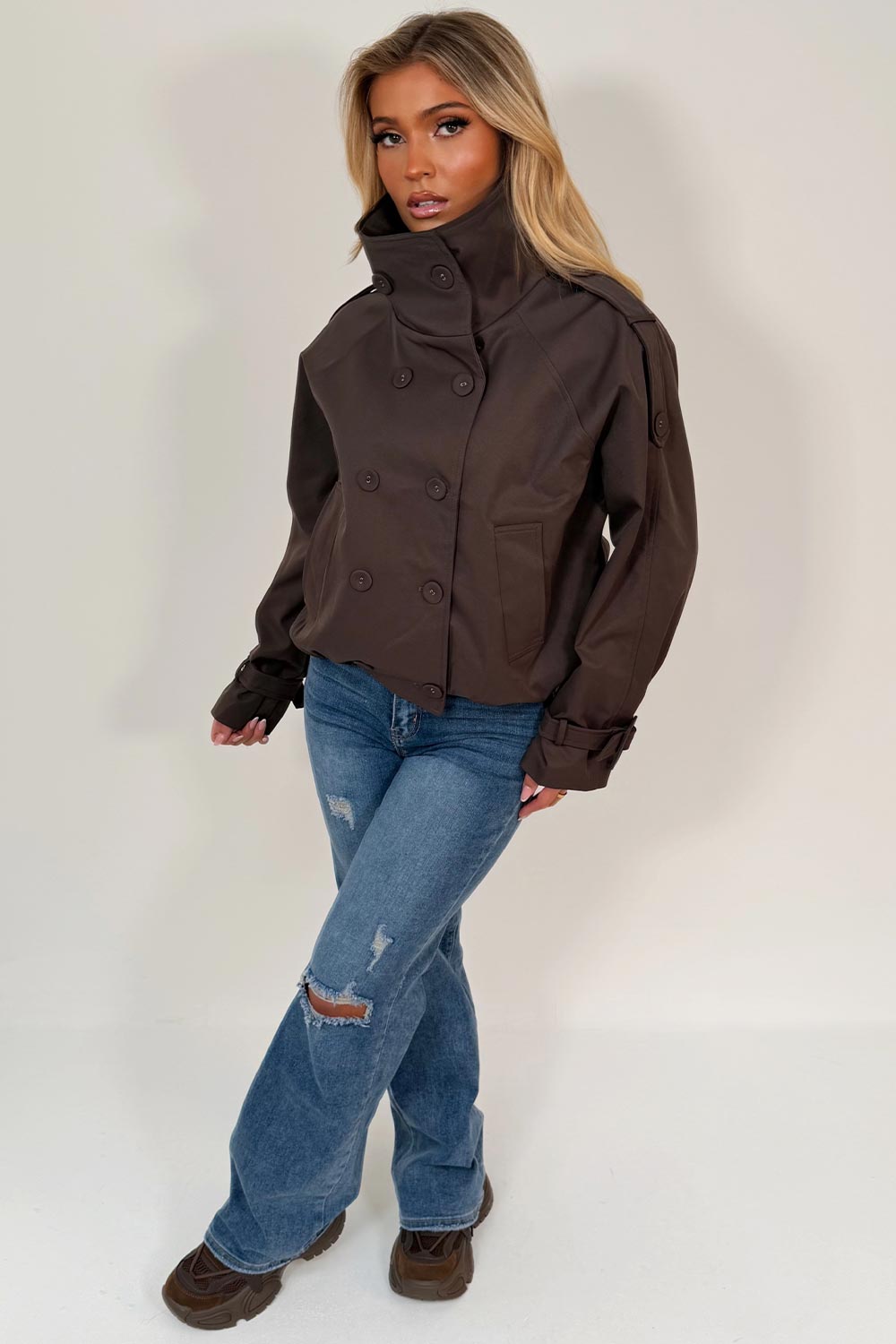 womens zara brown trench jacket cropped styledup uk