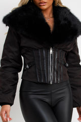 womens faux fur collar winter jacket with corset structured detail styledup uk