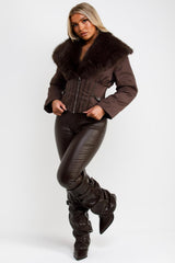 womens winter jacket with fur collar brown styledup uk
