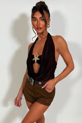 brown halter cowl neck backless top with gold buckle styledup