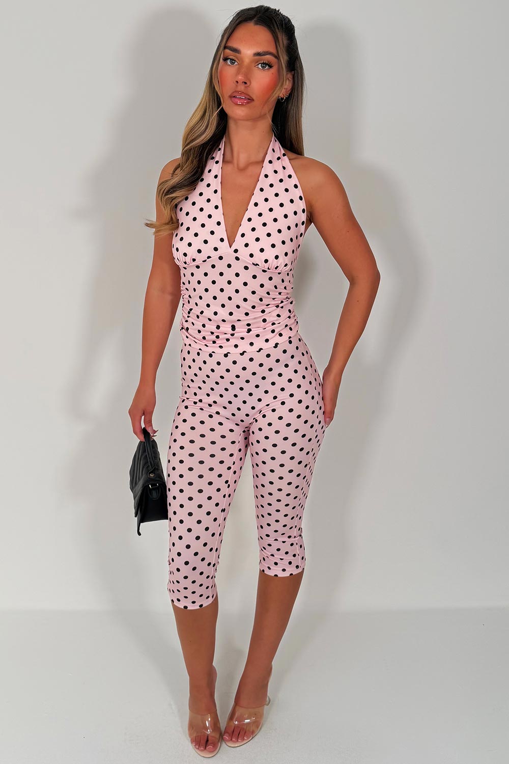 polka dot capri pants and backless halter neck crop top two piece co ord set for going out party occasion outfit womens races ladies day outfit styledup white fox