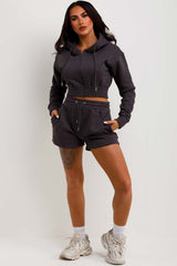 womens crop zip hoodie and shorts tracksuit set