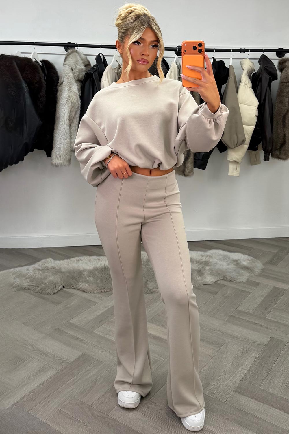 womens oversized crop sweatshirt and flare trouser loungewear co ord set styledup fashion