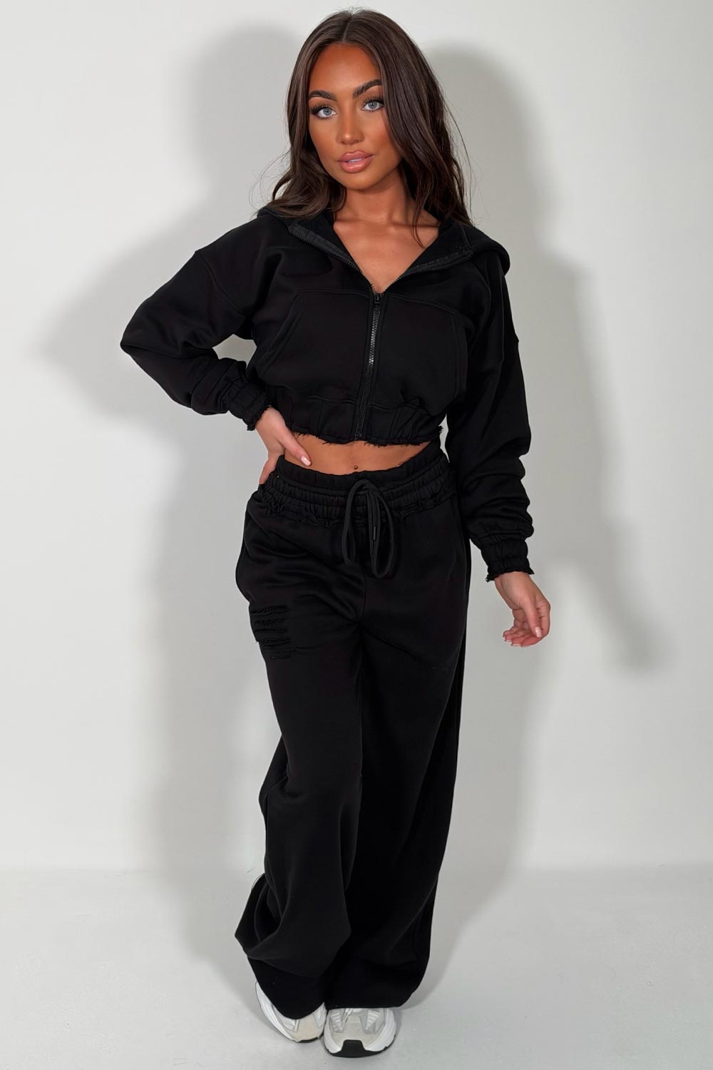 womens crop hoodie and joggers two piece loungewear co ord set styledup fashion airport outfit styledup white fox uk