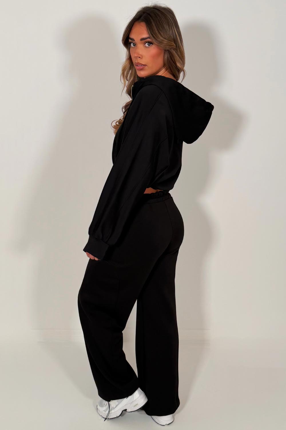 womens black zip up crop hoodie and joggers two piece tracksuit lounge set styledup 