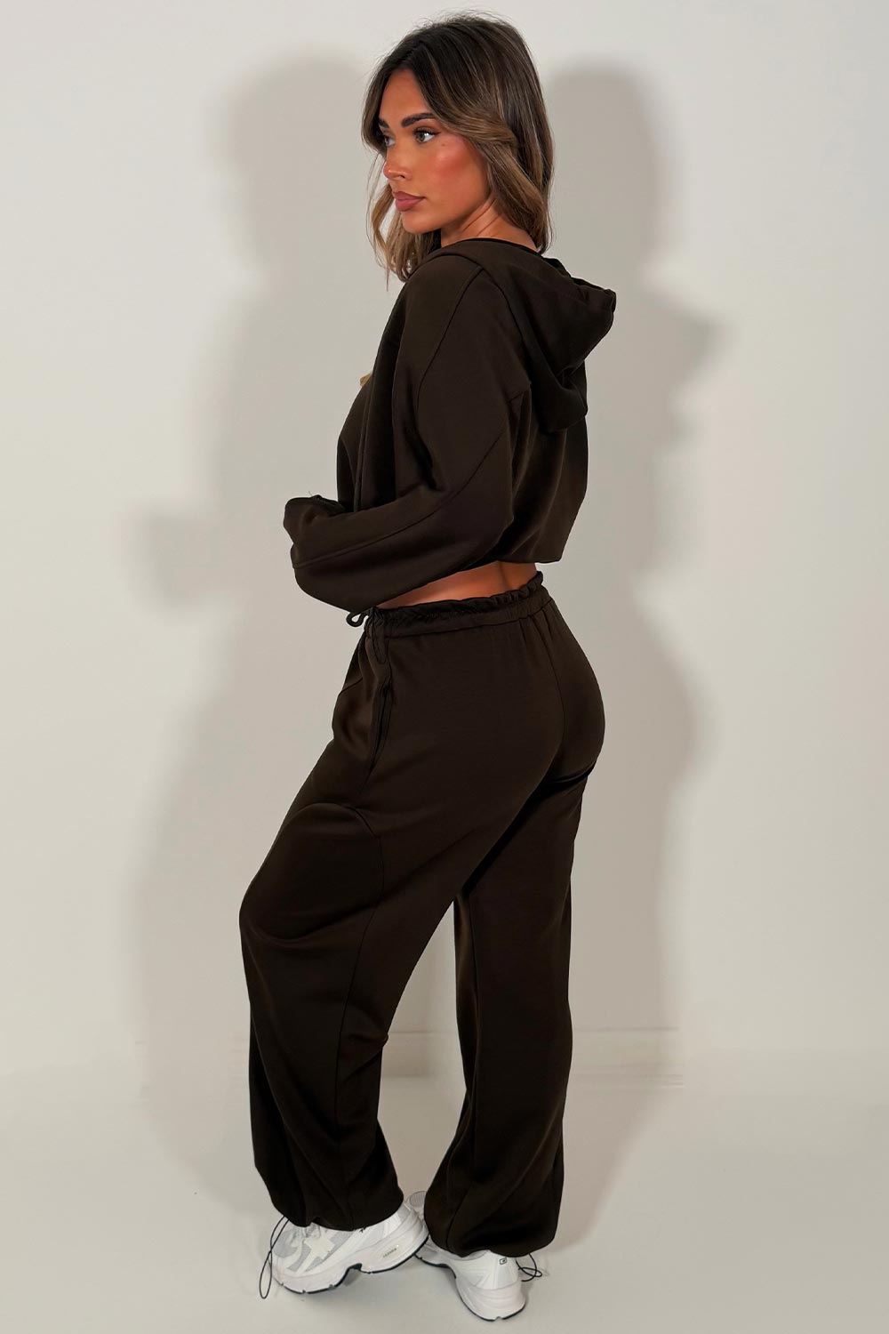 womens brown oversized zip up crop hoodie and joggers tracksuit co ord set styledup 