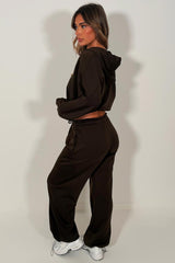 womens brown oversized zip up crop hoodie and joggers tracksuit co ord set styledup 