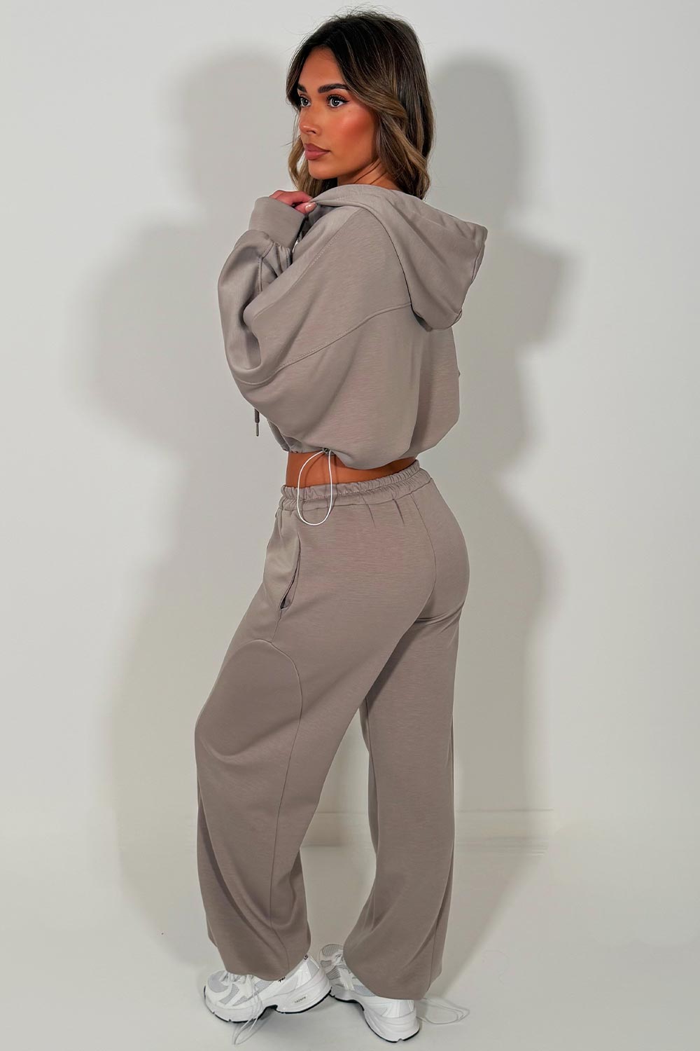 womens dove grey zip up crop hoodie and joggers two piece tracksuit lounge set styledup 