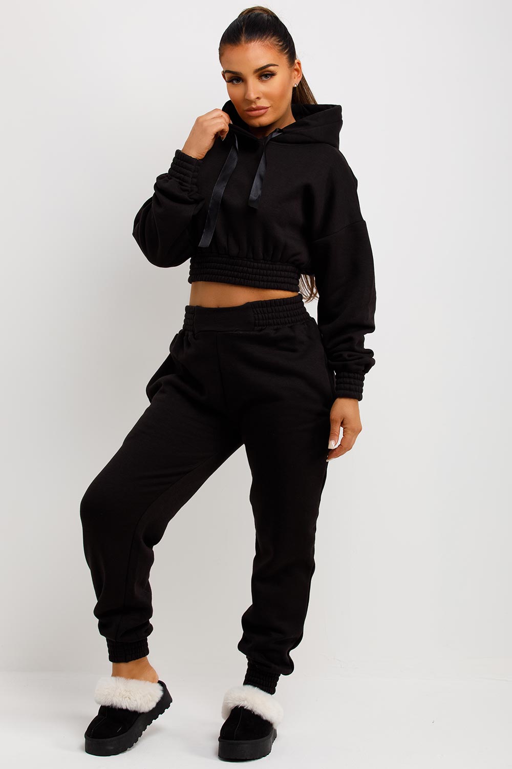 womens crop hooded sweatshirt and joggers co ord set tracksuit