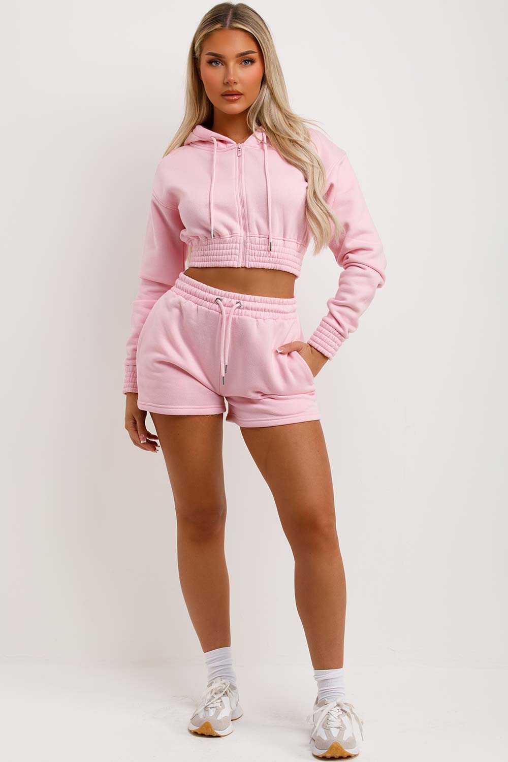 baby pink crop zip hoodie and shorts tracksuit set 