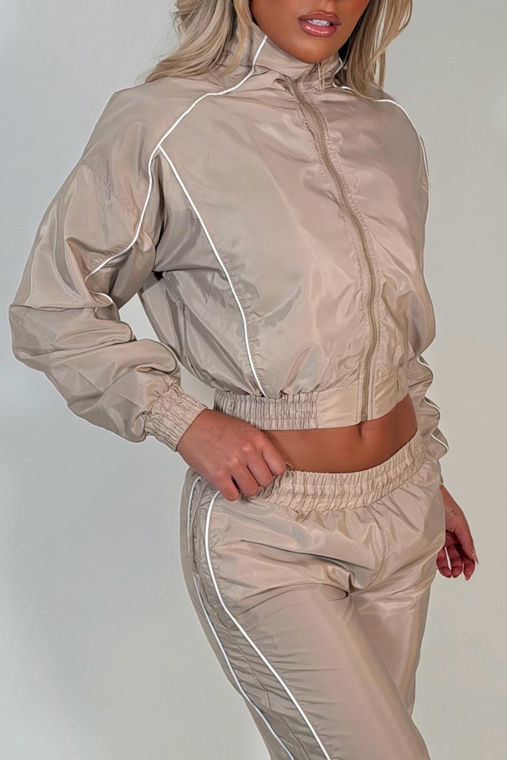 womens crop funnel neck jacket and trousers two piece tracksuit co ord set beige styledup