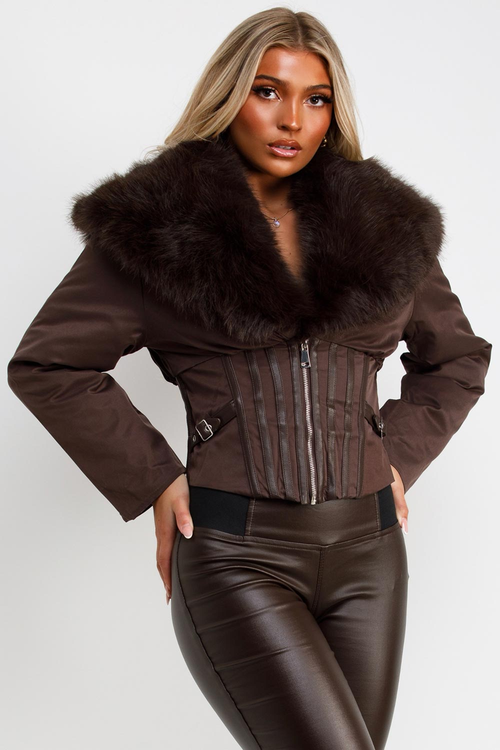 womens faux fur collar crop winter jacket styledup uk