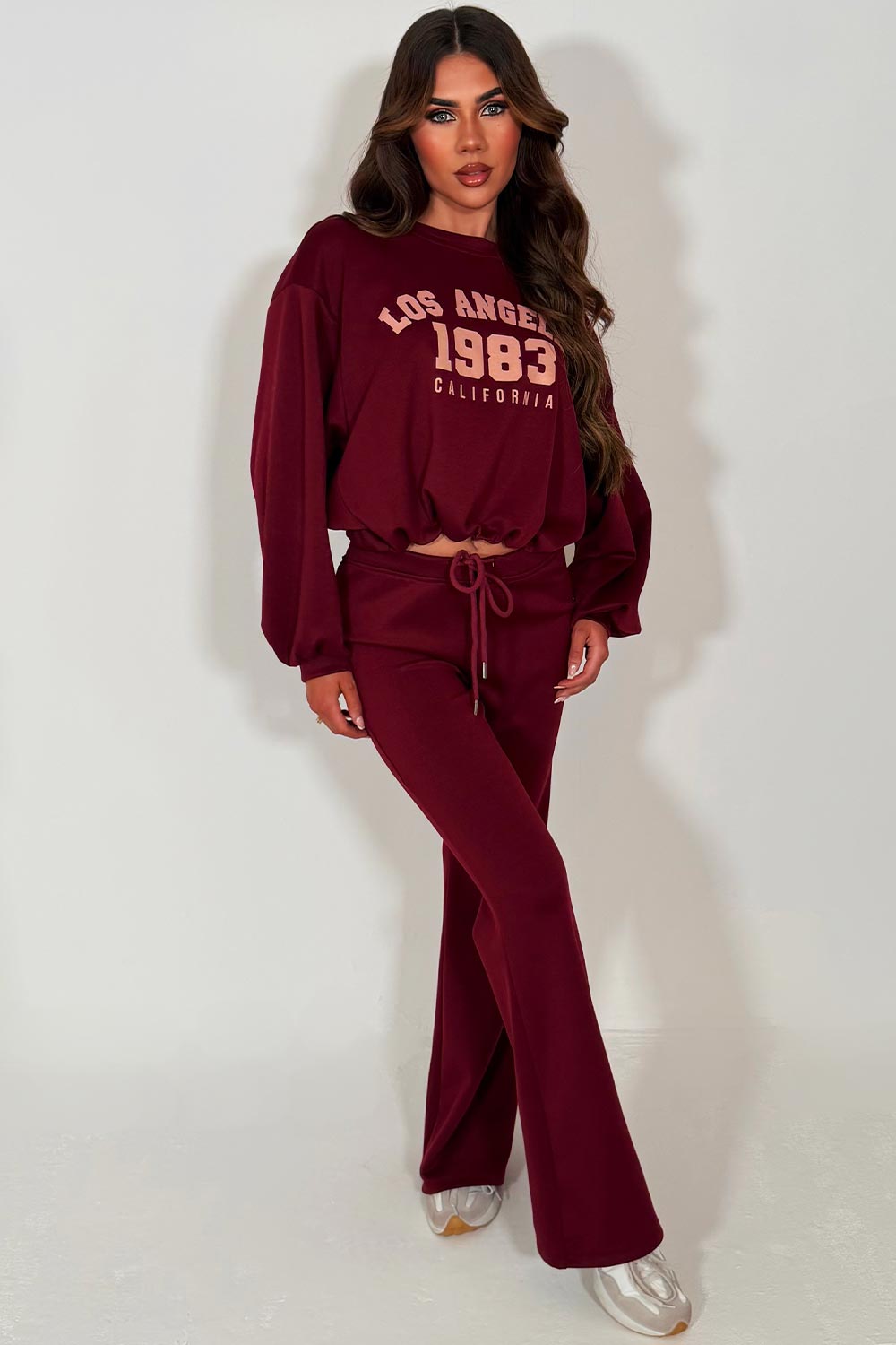 womens flare trouser and crop oversized sweatshirt loungewear set burgundy styledup 