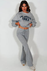 oversized sweatshirt jumper and flare trouser lounge set for womens with los angeles california slogan grey styledup 
