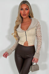 long sleeve lace top with faux fur collar and cuff styledup 