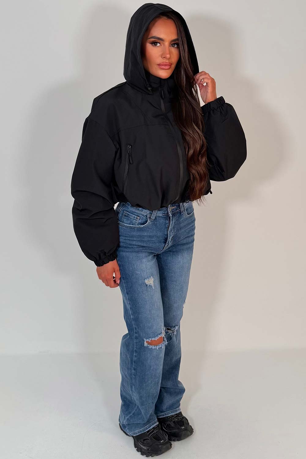womens black hooded padded rain jacket for festival raves everyday use styledup 