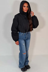 womens black hooded padded rain jacket for festival raves everyday use styledup 