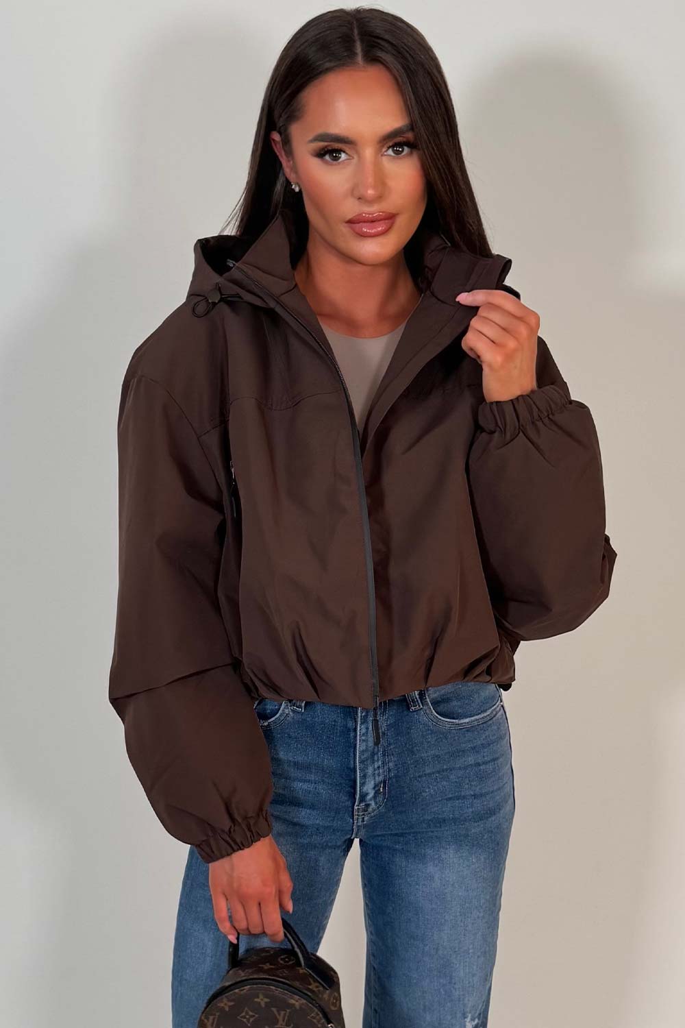 womens brown hooded padded rain jacket for festival styledup uk